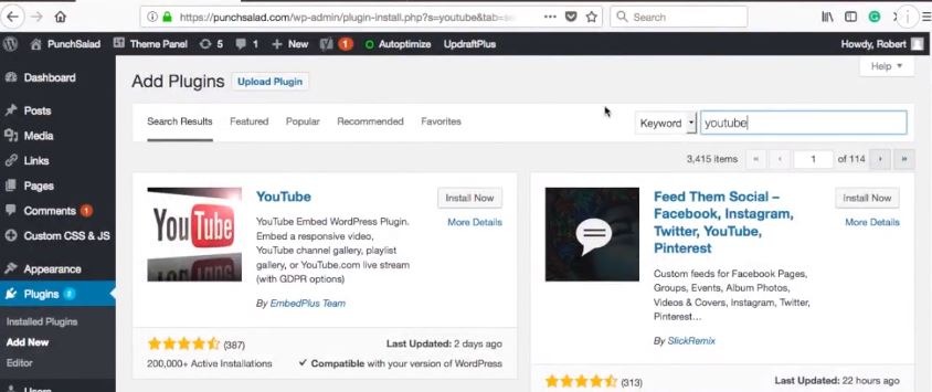 wybierz wtyczkę „YouTube”