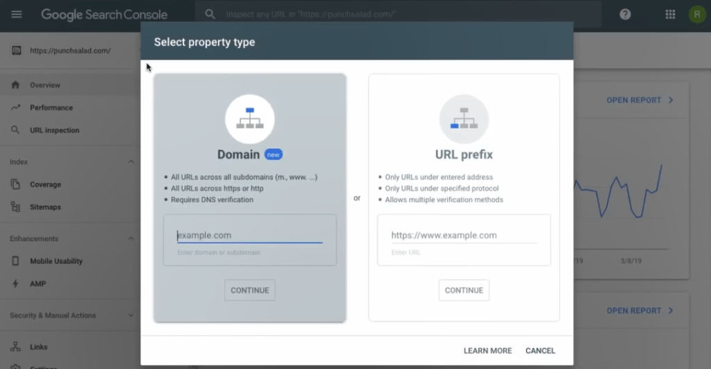 Startseite der Search Console