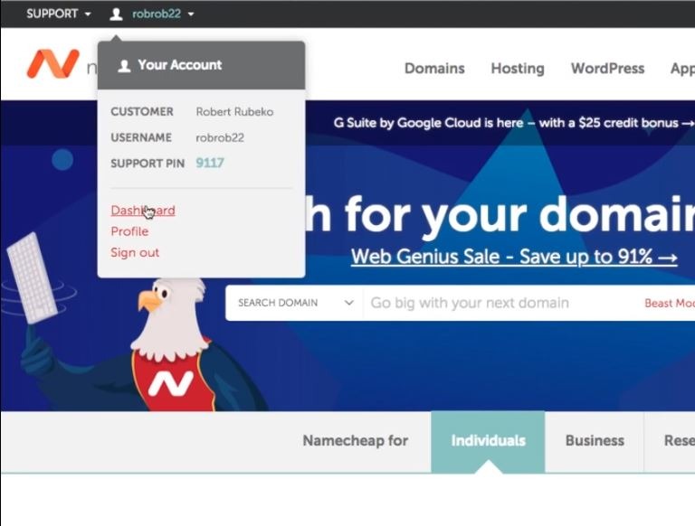 Ändern Sie Namecheap-Nameserver in die erhaltenen Nameserver. Bild 1