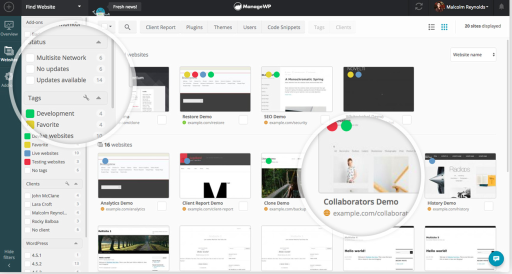 Tableau de bord ManageWP