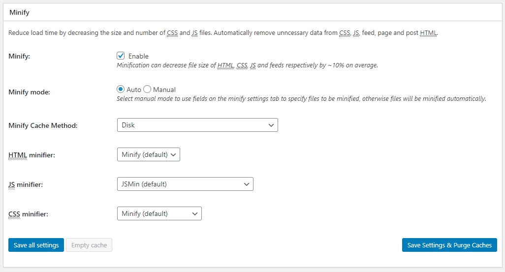 w3 total cache minify settings