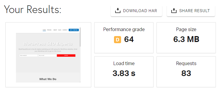 pingdom speed test results