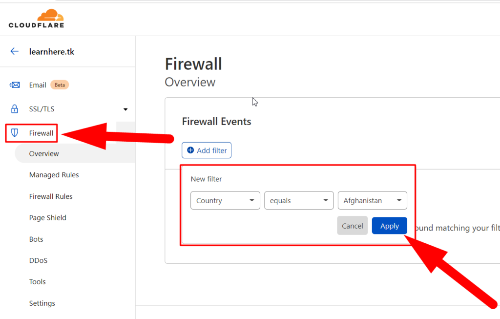 Seção de firewall no Cloudflare - redserverhost