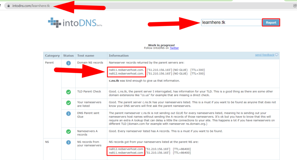 Verificação do servidor de nomes do site Intodns