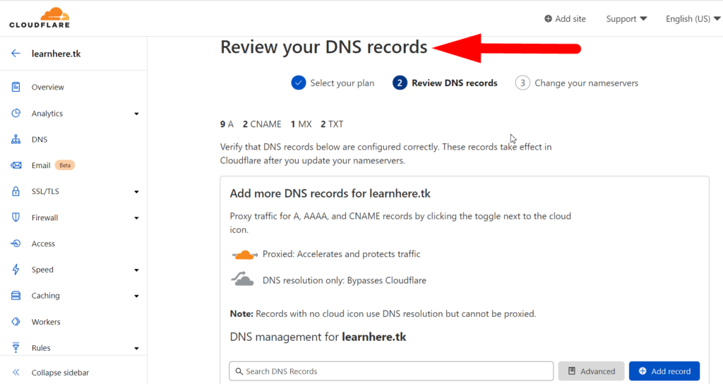 Revise os registros de DNS no cloudflare - redserverhost