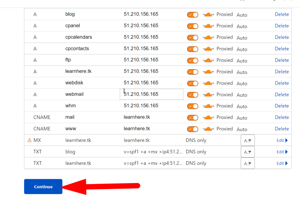 Revise o dns e pressione o botão continuar - redserverhost