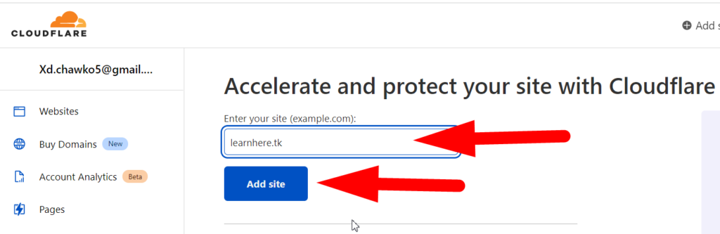 Insira seu site na Cloudflare - redserverhost