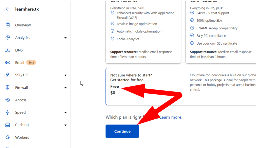 Selecione o plano gratuito na cloudflare - redserverhost