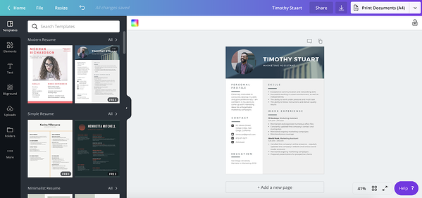 mejor generador de currículum gratuito: canva