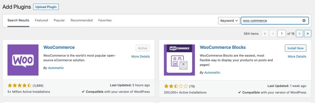 قم بتثبيت البرنامج المساعد woocommerce عبر لوحة معلومات WP