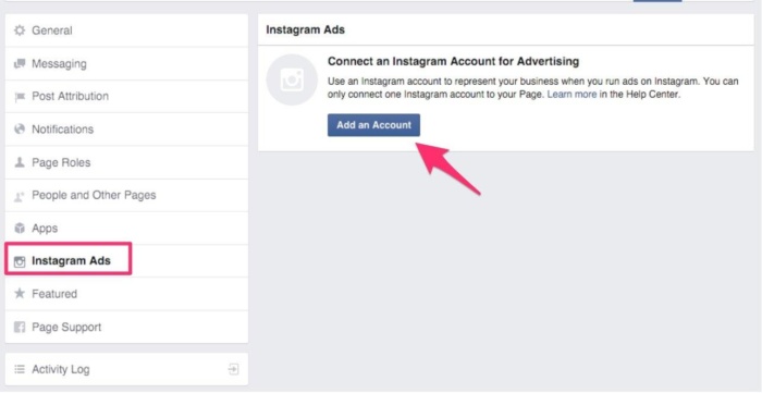 一张图片,展示了如何在 Facebook 设置页面中设置 Instagram 广告。