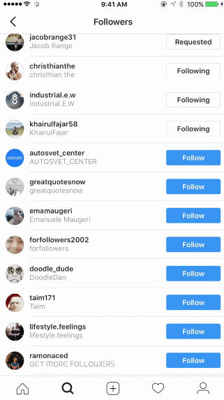 一个 GIF,显示某人在 Instagram 上关注了许多帐户。