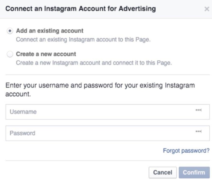 Facebook 中“为广告连接 Instagram 帐户” 屏幕的像。