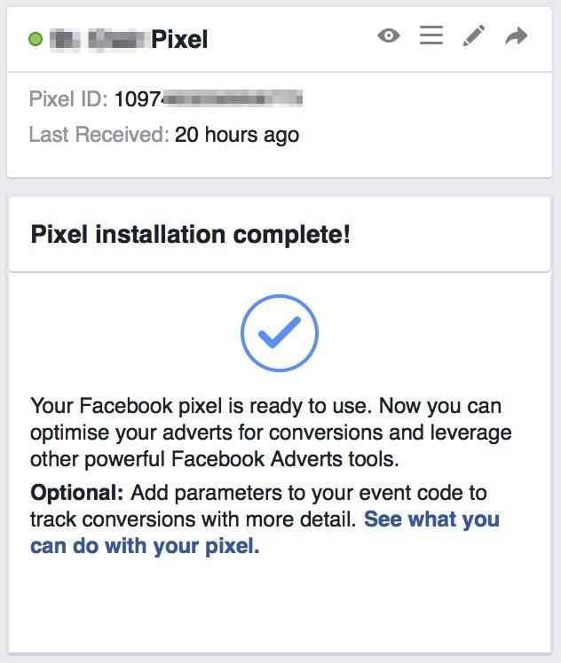 พิกเซลของ Facebook 中的像素安装屏幕。