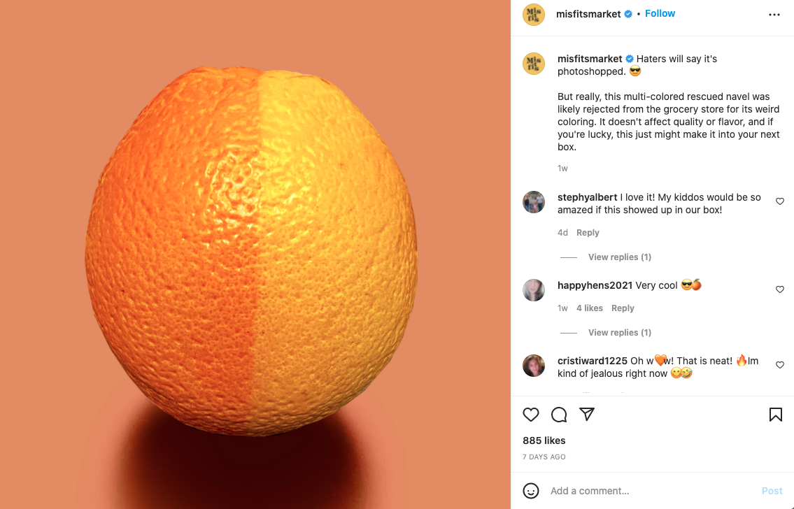 Jak planować posty na Instagramie: pisz angażujące podpisy, przykład dwukolorowej pomarańczy na Instagramie