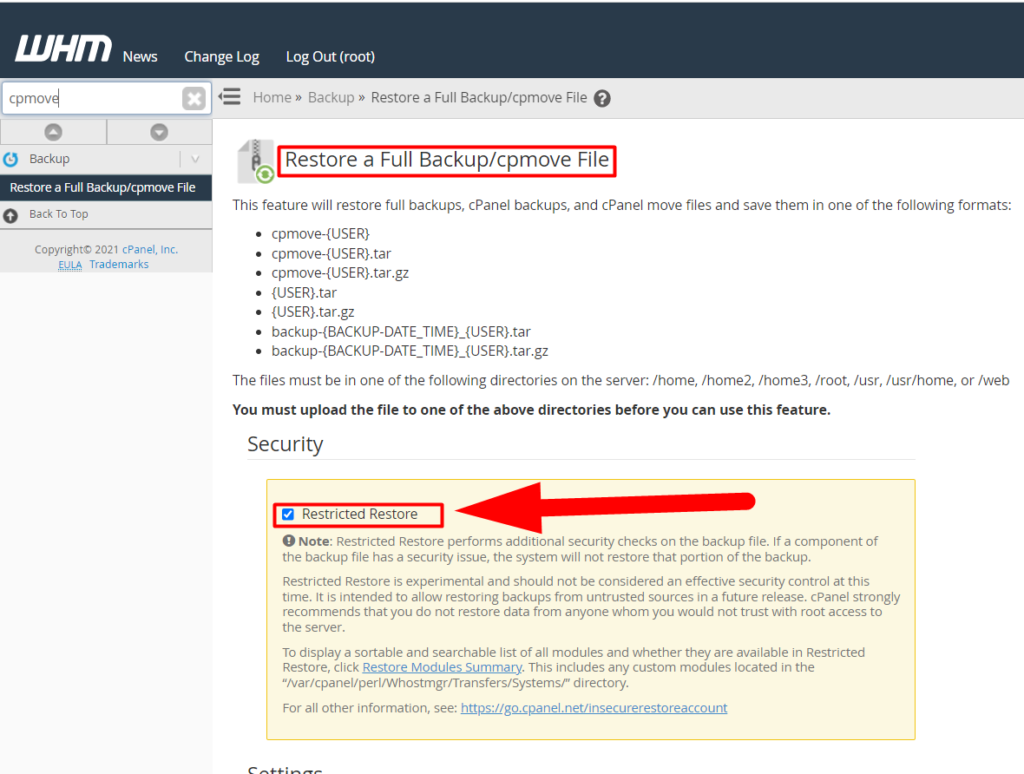กู้คืนส่วนการสำรองข้อมูล cpanel แบบเต็ม