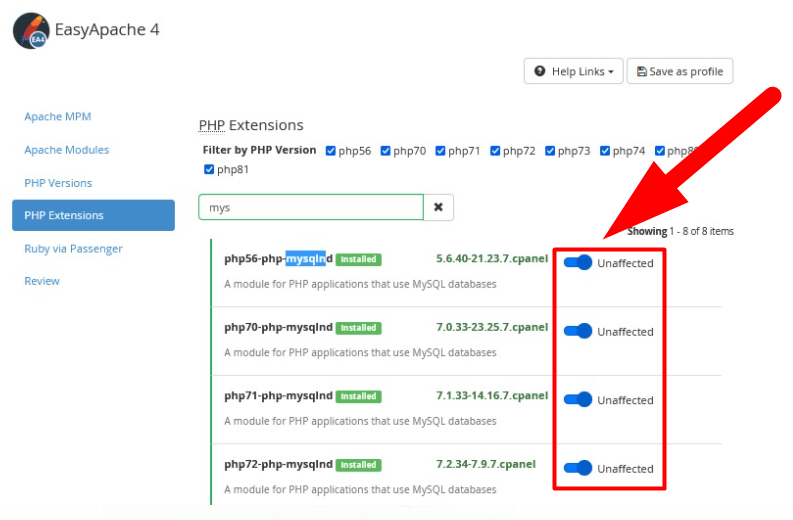 เปิดใช้งานส่วนขยาย PHP