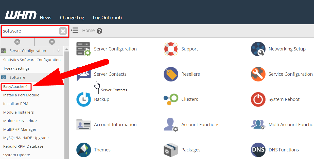 เข้าถึงแท็บ EasyApache 4 ใน WHM