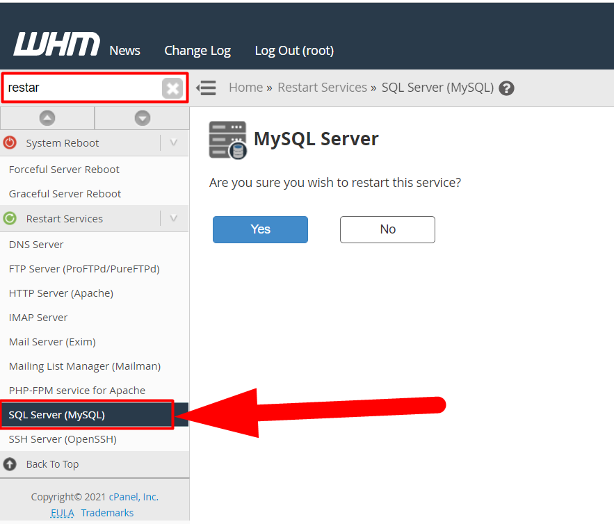 รีสตาร์ท MySQL