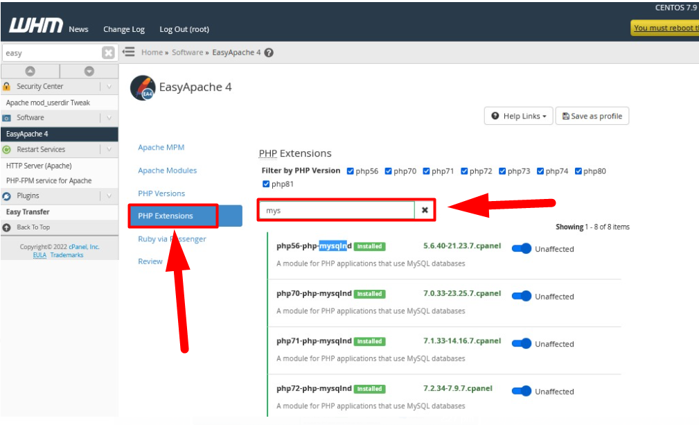 แท็บส่วนขยาย PHP EasyApache