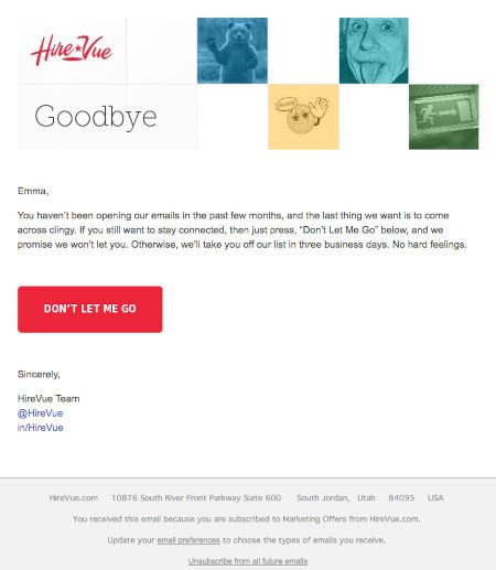 電子郵件營銷活動示例：Hirevue - “別讓我走”