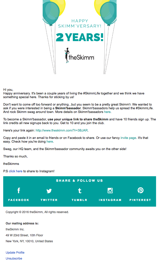 電子郵件營銷活動示例：TheSkimm - “Happy Skimmversary”