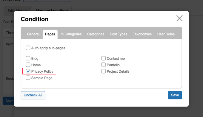 メニューを表示するページを選択します Select the Pages Where the Menu Should Be Displayed