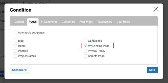 ナビゲーションメニューを非表示にするページを選択します Select the Pages Where the Navigation Menu Should Be Hidden