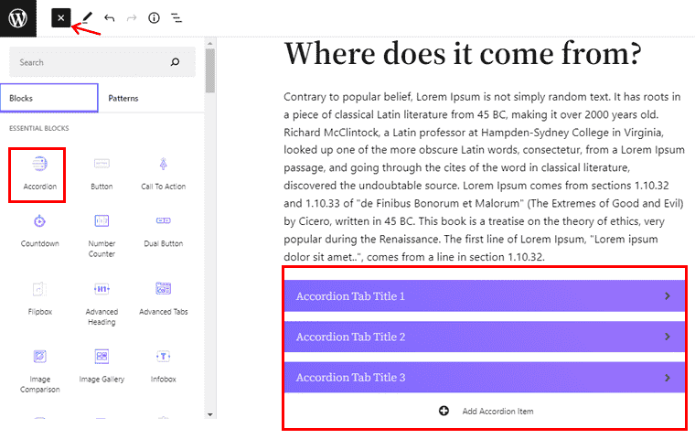 การเพิ่มบล็อกหีบเพลง WordPress จากบล็อกที่จำเป็นสำหรับ Gutenberg