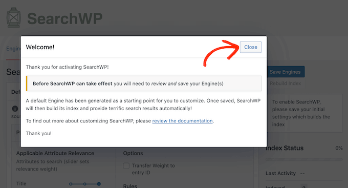 Wyskakujące okienko powitalne SearchWP SearchWP's welcome popup