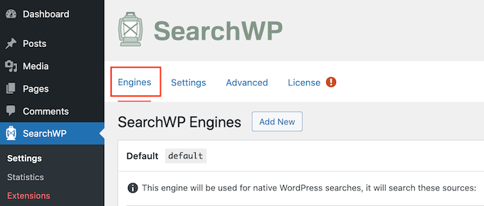 Zakładka Silniki SearchWP The SearchWP Engines tab
