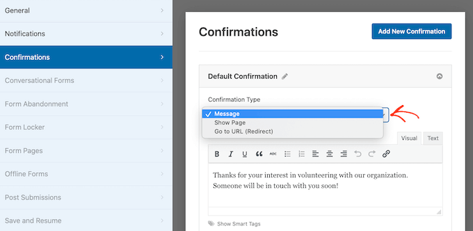 Mesajul de confirmare a formularului de voluntar The volunteer form confirmation message