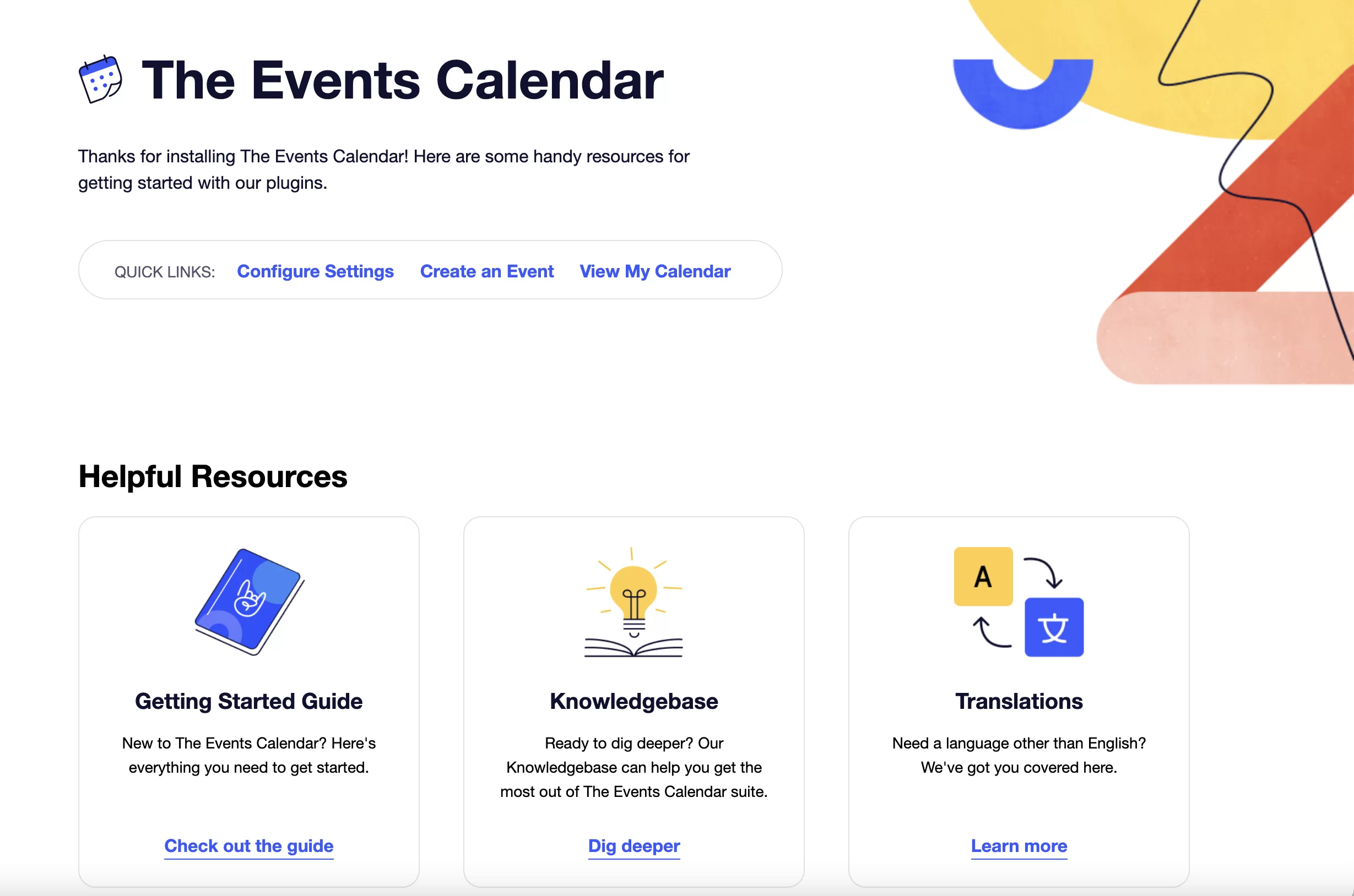 Events Calendar プラグインは、ダウンロード後に役立つリソースを提供します。