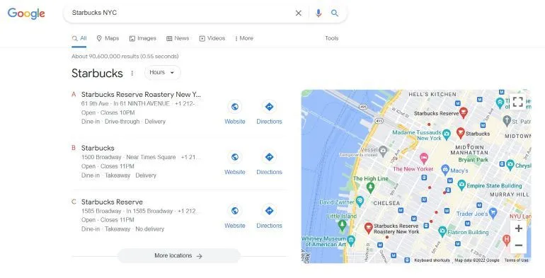 Screenshot einer Google-Suche als Beispiel, warum Sie in WordPress mehrere Standortschemata für lokale Unternehmen hinzufügen sollten