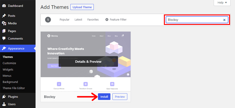 Installieren des Blocksy-Designs zur Überprüfung