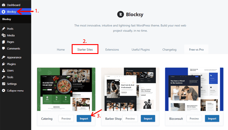 Erkunden Sie Starter-Sites und importieren Sie - Blocksy Theme Review