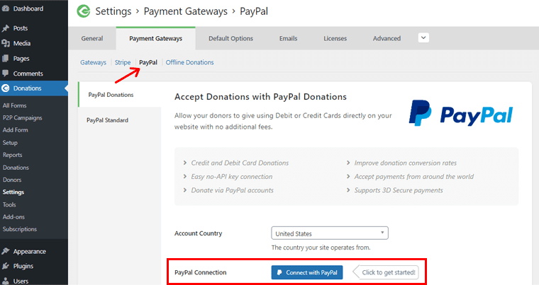 Klicken Sie auf die Registerkarte PayPal, um Ihr PayPal-Konto zu verbinden