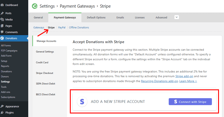 Klicken Sie auf die Registerkarte Stripe, um Ihr Stripe-Konto zu verbinden