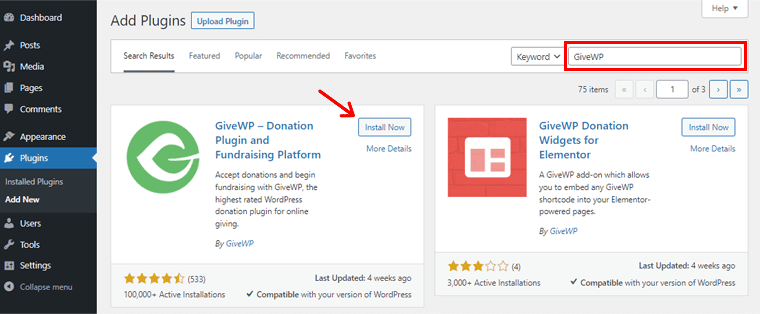Suchen Sie das GiveWP-Plugin und klicken Sie auf die Schaltfläche Jetzt installieren