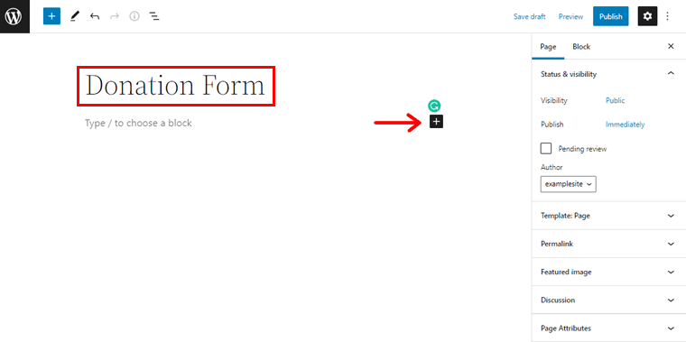Geben Sie der Seite einen geeigneten Namen und klicken Sie auf das + Symbol