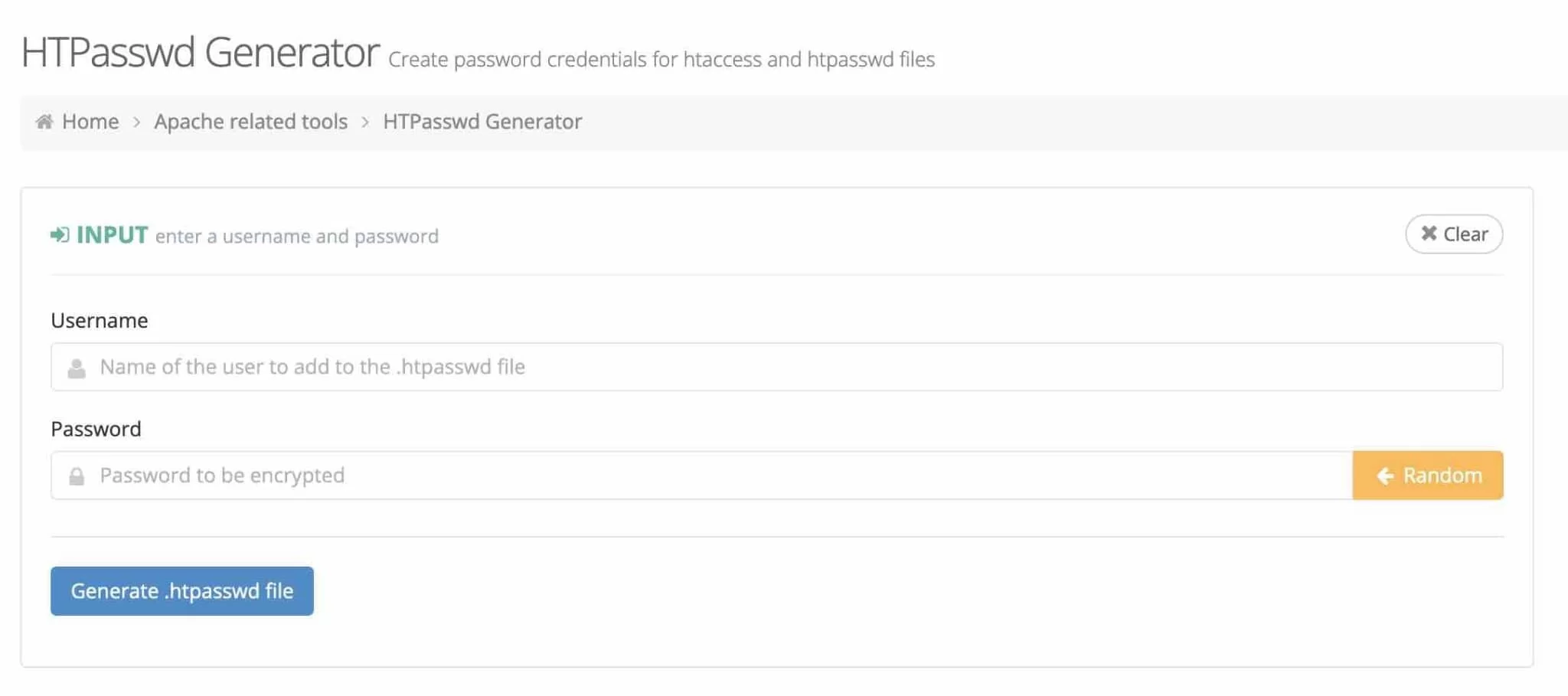 อินเทอร์เฟซเครื่องมือ HTPasswd Generator
