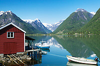 Fjaerland and Fjaerlandsfjorden, Sogndal, Sogn og Fjordane, 挪威。