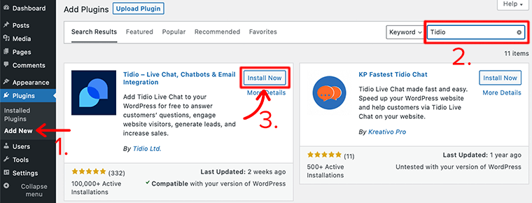 Instal dan Aktifkan Plugin Tidio