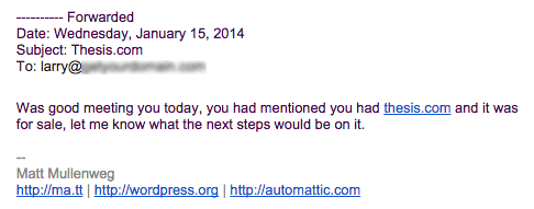 อีเมลที่แชร์โดย Pearson แสดงความสนใจของ Mullenweg ในโดเมนนี้