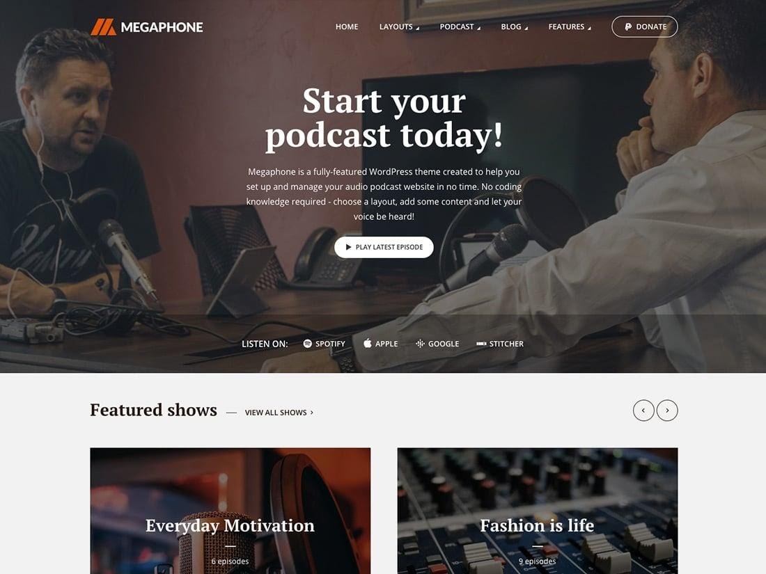 10 лучших тем WordPress для подкастов 2021 года Megaphone-Best podcast wordpress theme