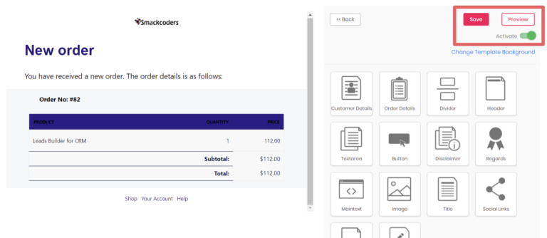 WooCommerce için E-posta Özelleştirici'de e-posta şablonunu kaydedin, etkinleştirin ve önizleyin