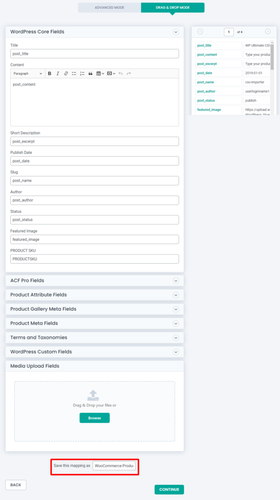 ドラッグ アンド ドロップ フィールド マッピング 究極の csv インポーター プラグイン
