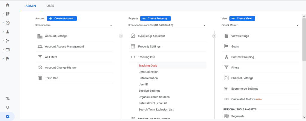 página de configurações do google-analytics