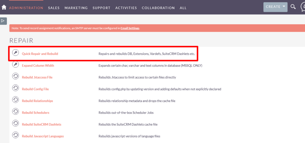 Riparazione e ricostruzione rapida - Installazione di SuiteCRM