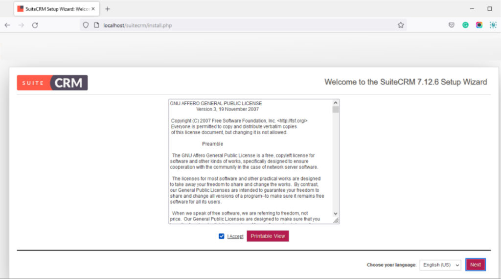Procedura guidata di configurazione di SuiteCRM-Installazione di SuiteCRM